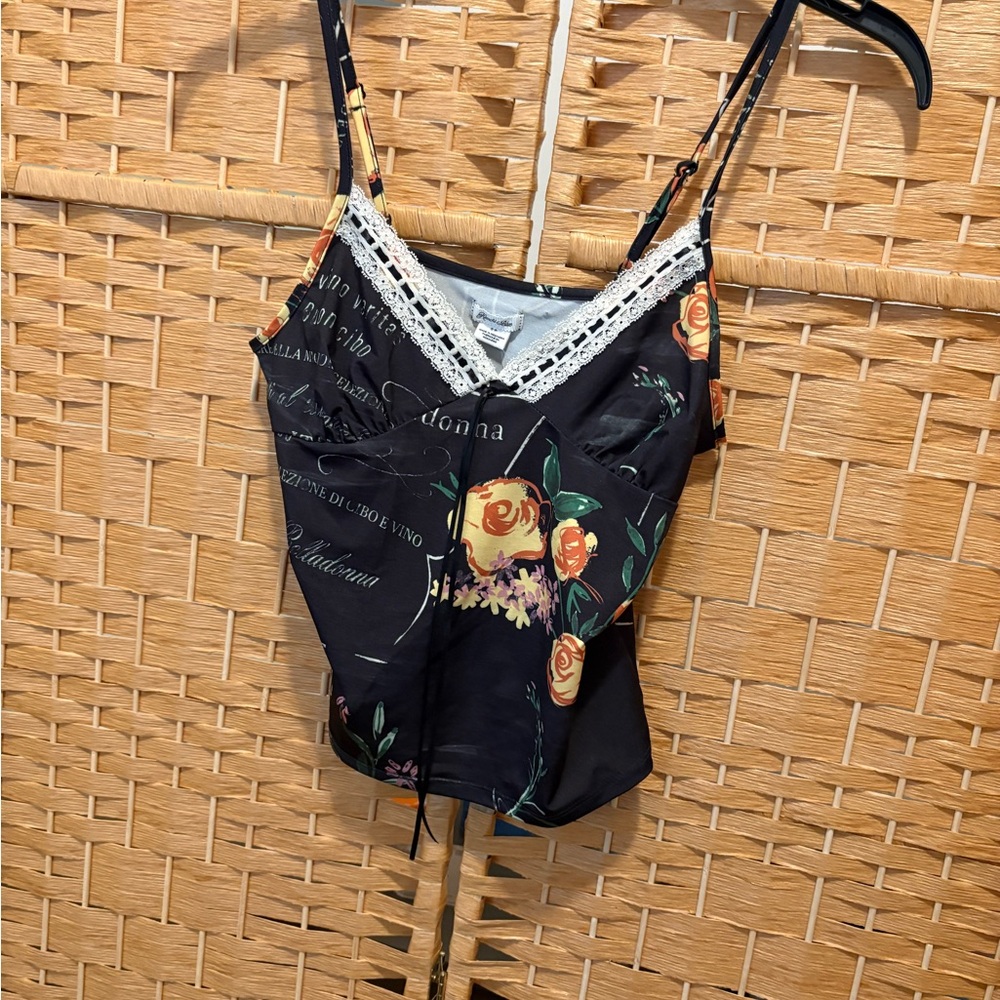 NWT UO Floral Lace Trim Black Cami Top